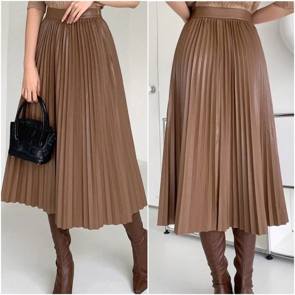Luxe Vegan leather Accordion Pleated Midi Skirt - Picture 3 of 8